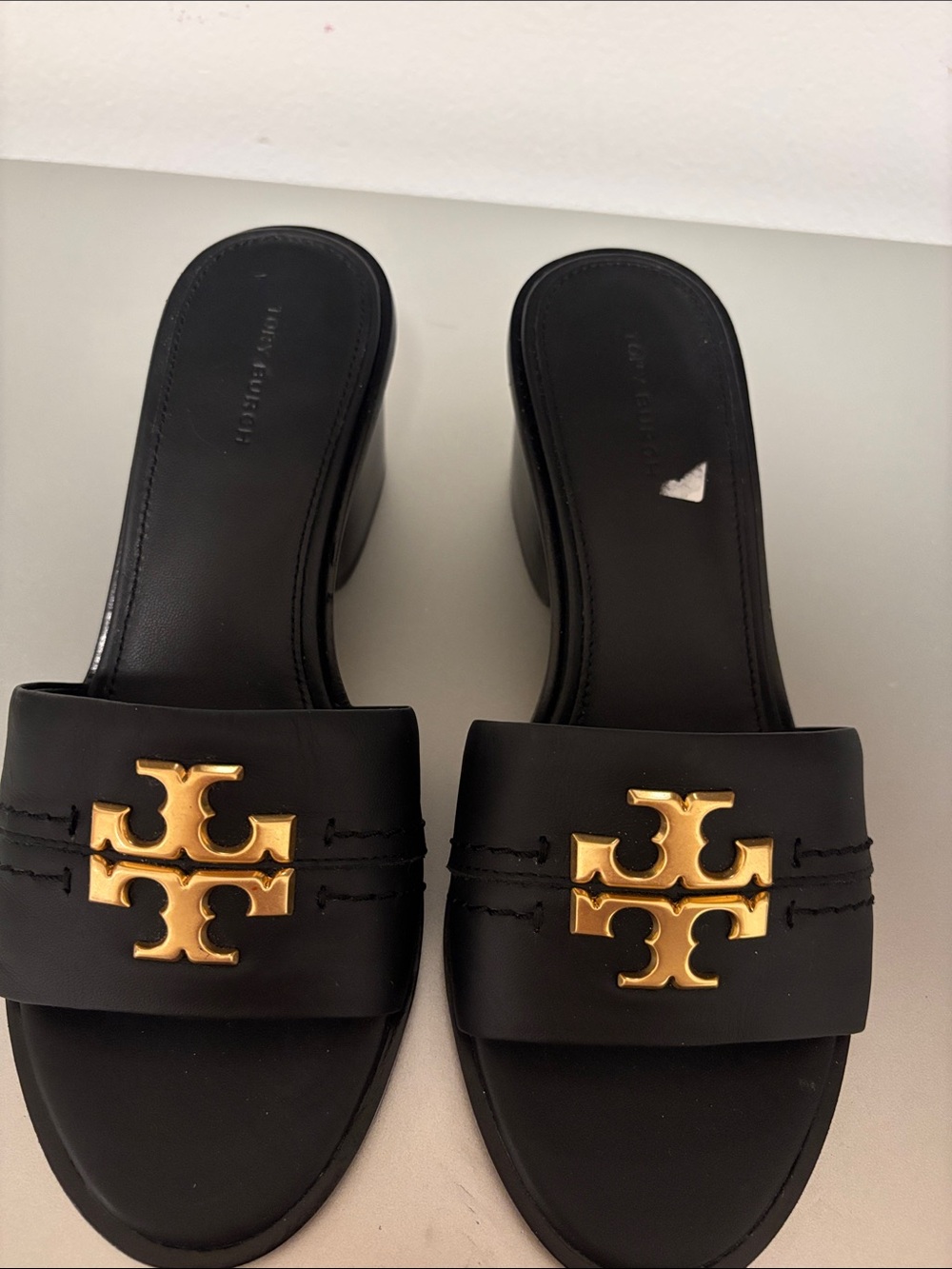 Tory Burch Black Leather Slide Mules with Gold Logo Emblem